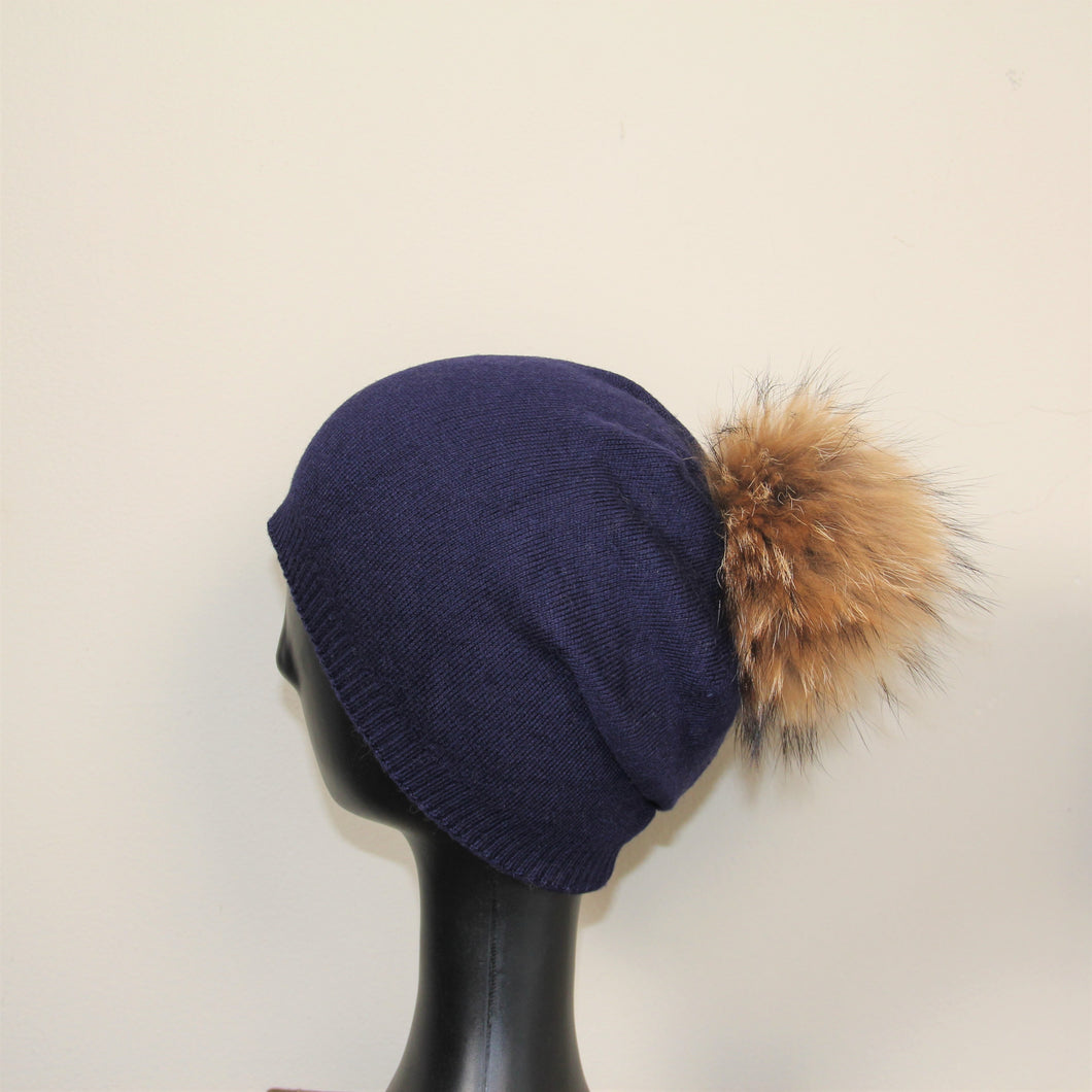 Beanie Angora wool blend generous slouch fit with removable fur pom pom Navy