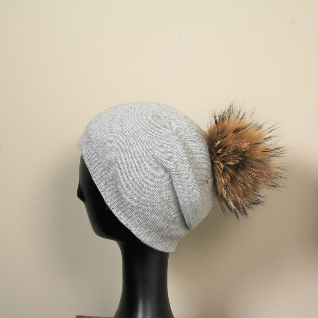 Beanie Angora wool blend generous slouch fit with removable fur pom pom Light Grey