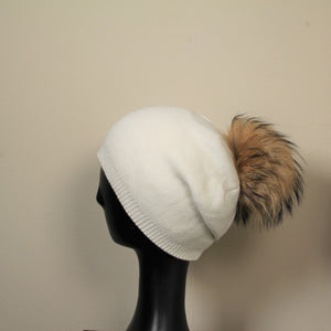 Beanie Angora wool blend generous slouch fit with removable fur pom pom White