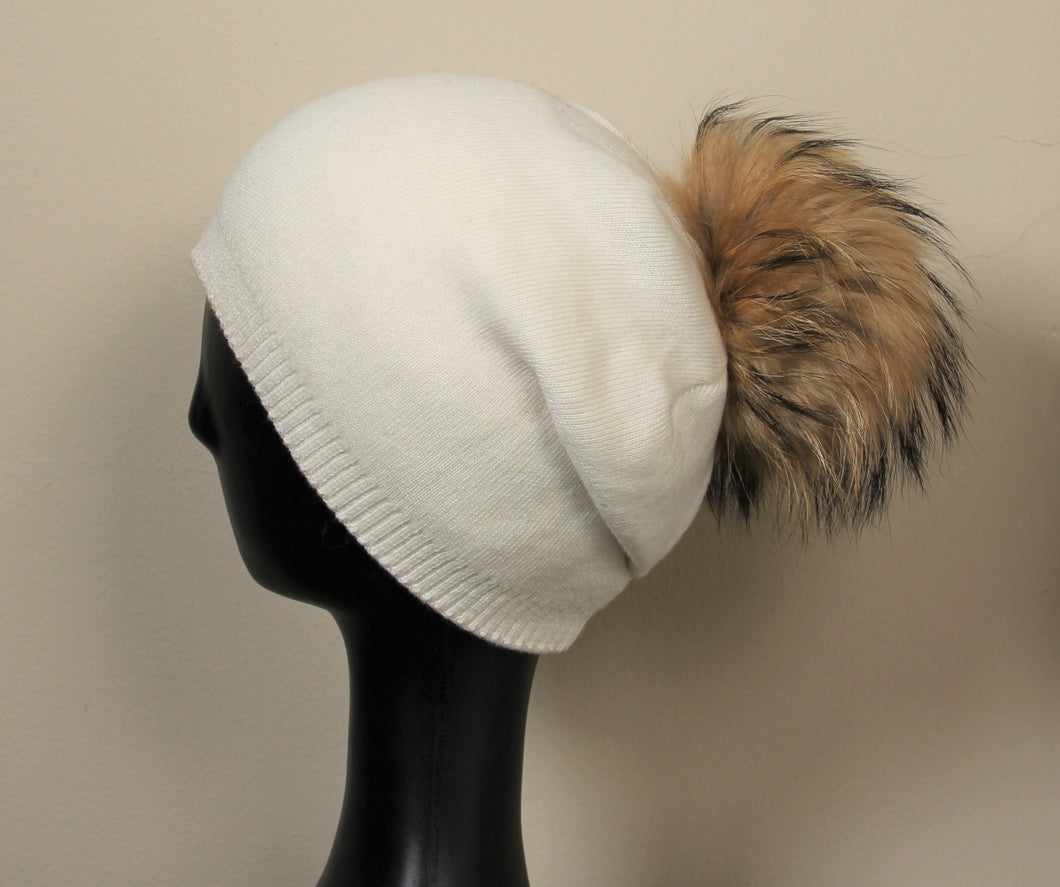 Beanie Angora wool blend generous slouch fit with removable fur pom pom Black