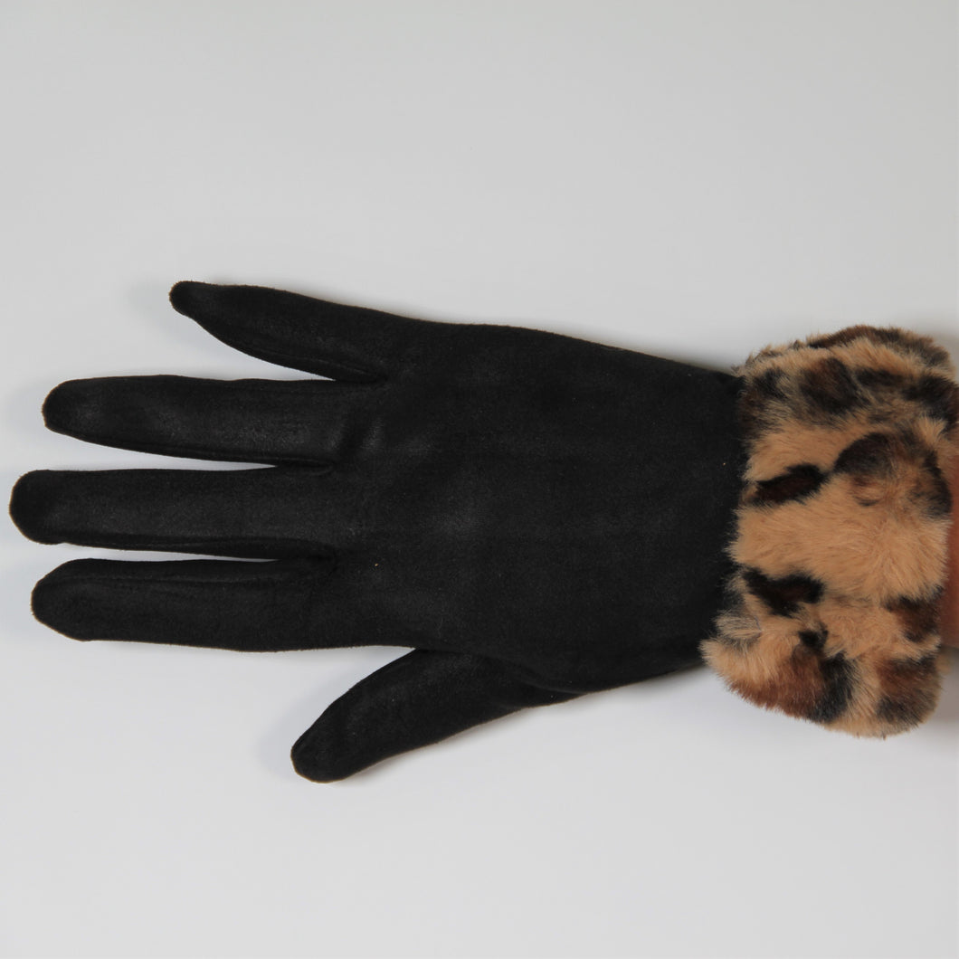 Glove Faux Fur Leopard Vegan Suede Black