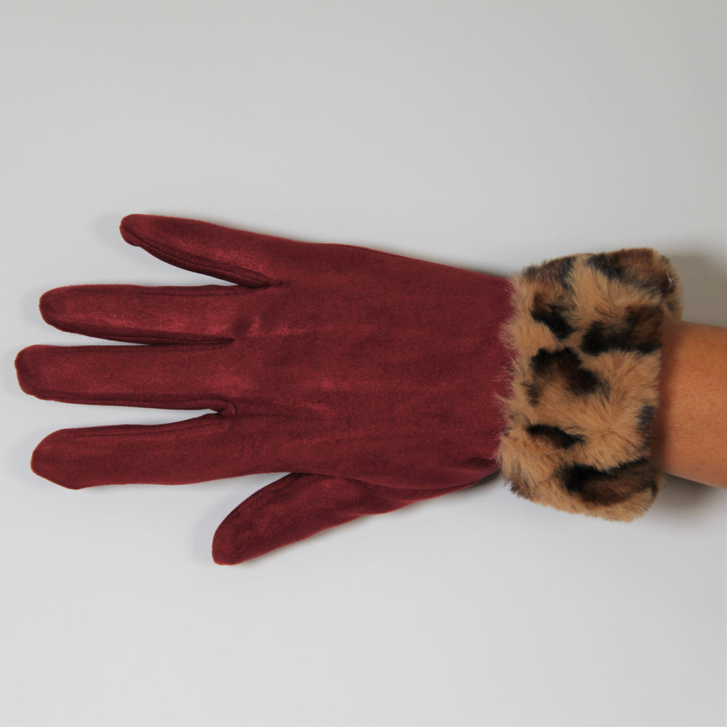 Glove Vegan Suede Faux Fur Leopard Burgundy