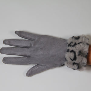 Glove Faux Fur Vegan Suede Leopard Print Grey