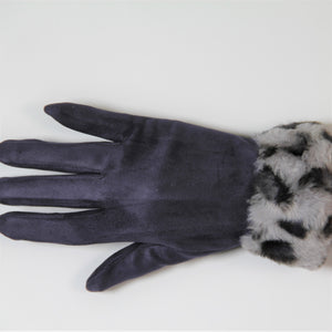 Glove Faux Fur Leopard Vegan Suede Navy
