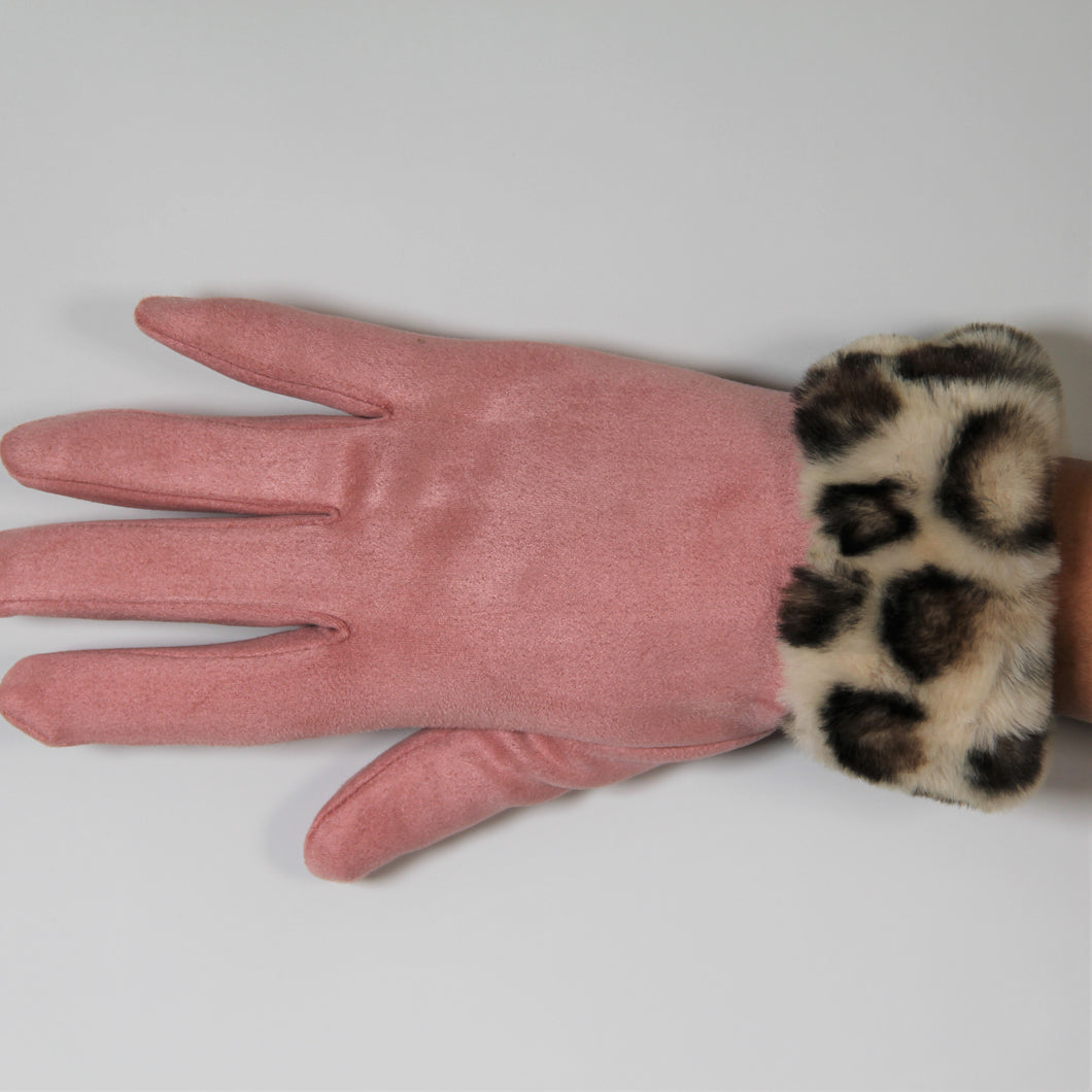 Glove Leopard Faux Fur Vegan Suede Soft Pink