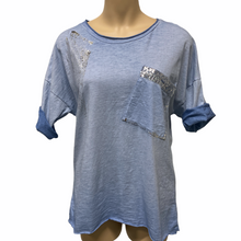 Load image into Gallery viewer, Top-T4717-Tia-Tee-Vintage Wash Metallic Spray Sequin Detail-BLUE JEANS
