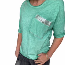 Load image into Gallery viewer, Top-T4717-Tia-Tee-Vintage Wash Metallic Spray Sequin Detail-Green
