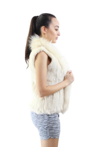 Rabbit Fur vest  -with Raccoon Front  - White